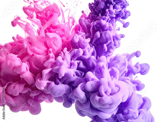 Vibrant pink and purple ink plumes blend in a dynamic, abstract display