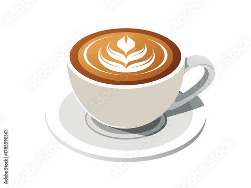 A stylized illustration of a white coffee cup filled with a latte featuring intricate white foam art on a white saucer.