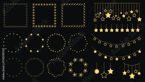 Set of gold frames and garlands for holiday designs. Shining gold metallic round, square shapes and borders. Luxurious glittery clip art for New Year, vector elements
