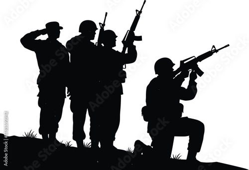 Soldier silhouette, military pose, rifle action, army tribute, black vector, battlefield stance, war clipart, defense art, tactical team, outdoor terrain