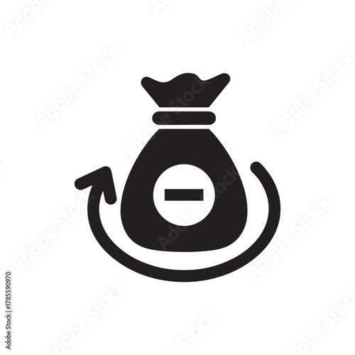 Return money or refund process icon with money bag and minus