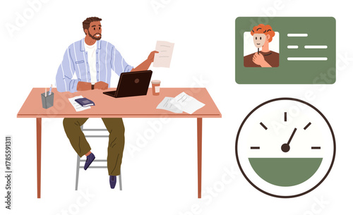 Man reviewing papers at desk with laptop, ID card visible, and performance meter showing progress. Ideal for work efficiency, productivity, HR, management, verification, decision-making simple flat