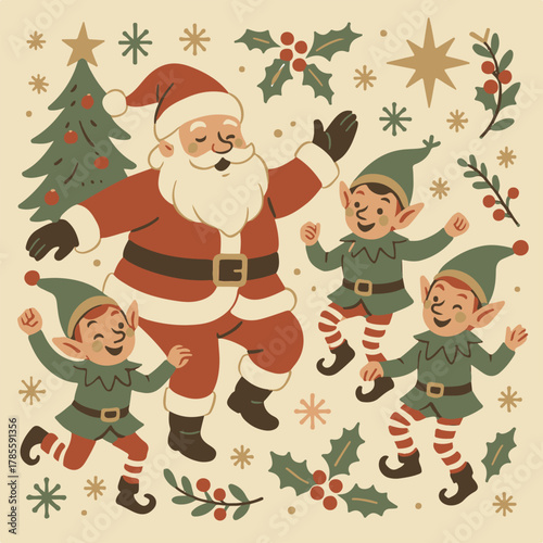 Vintage Jolly Santa and Elves Dancing at a Retro Christmas Party