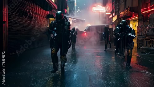 Armed futuristic soldiers in heavy armor patrol neon-lit rainy cyberpunk city street at night