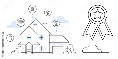 Modern home connected with smart devices thumbs up thermostat, security, lightbulb, and washing machine. Ribbon icon represents quality or certification. Ideal for technology, home automation, energy