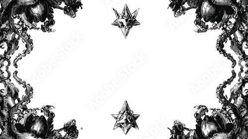 Ornate Black and White Vintage Decorative Frame with Abstract Gothic Tendrils and Star Elements for Elegant Backgrounds