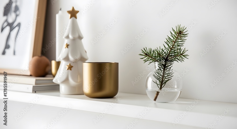 Fototapeta premium Minimalist Gold Christmas Decorations with Pine Branch and Candle