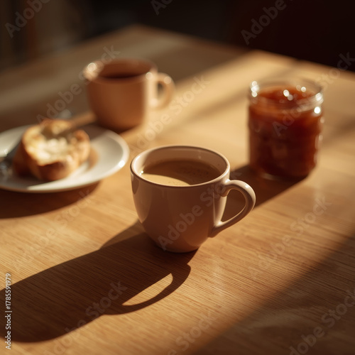 Cup of coffee on set breakfast table
