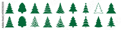 Green Christmas tree silhouette collection, minimal vector pine tree icons for holiday design and decoration