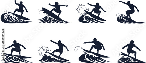Surfer silhouettes, wave riding poses, extreme sport vector, ocean adventure, surfing maneuvers, beach lifestyle, black illustration set, water action