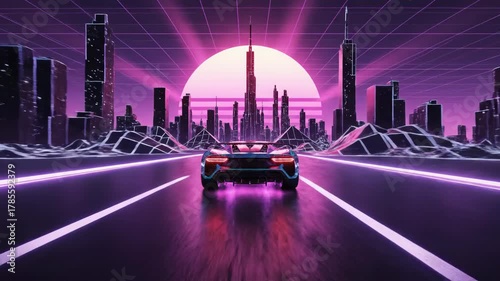 Retro Futuristic Car Drives Through Neon Cityscape at Sunset.
