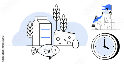 Milk carton, cheese, fish, egg, and grains promoting nutrition. Clock symbolizes time management. Athlete and coach on podium embracing teamwork. Ideal for wellness, time health diet motivation