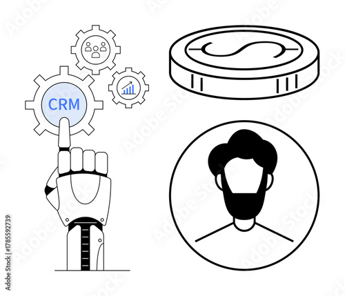 Robotic hand points to CRM gear surrounded by analytics icons, digital coin, and user profile circle. Ideal for AI integration, technology, CRM systems, customer engagement, user analytics