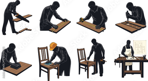 Woodworking, carpentry, furniture making, craftsman, tools, chair building, DIY, workshop, measuring, drilling, sanding, assembling, blueprint, handmade, construction, timber, design, process, skilled