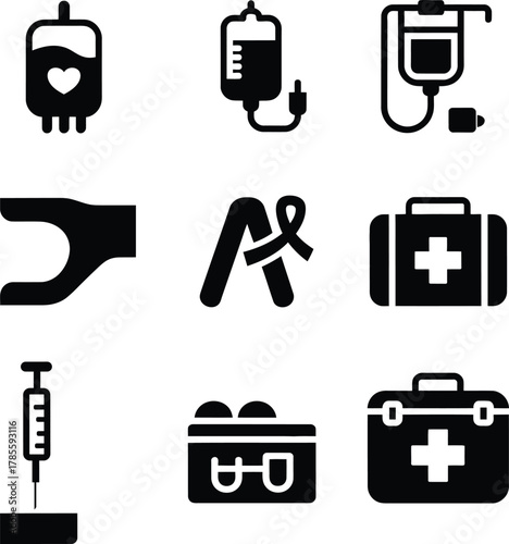 Medical healthcare icons set depicting donation, therapy, first aid, syringe