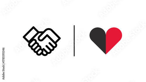 Partnership and Love Icon Set: Handshake and split heart symbols for trust, agreement, care, and emotional connection concept