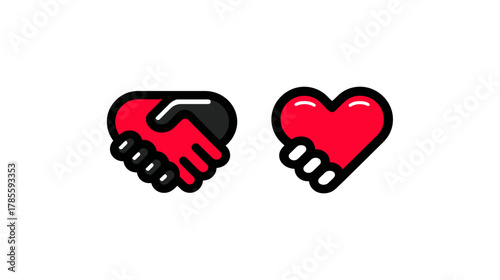 Modern vector illustration featuring stylized handshake forming a heart and a hand holding a heart, symbolizing connection, partnership, and care.