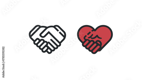 Conceptual Handshake and Heart-Shaped Handshake Icons for Partnership, Love, Trust, Agreement, Business, and Community Unity