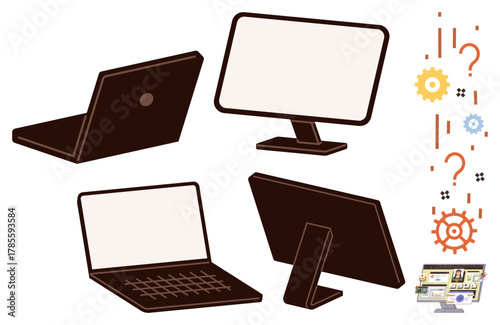Laptops and monitors arranged in various orientations alongside colorful gears, question marks, and symbols. Ideal for technology, innovation, IT solutions, problem-solving, workflow, digital tools