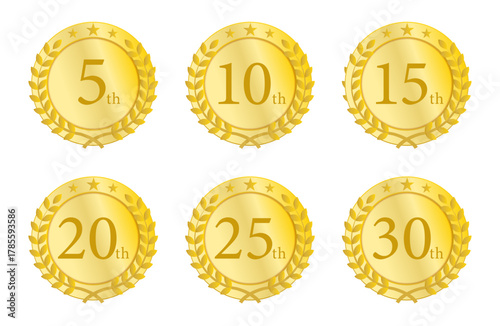 金色の月桂冠メダルに5周年から30周年を刻んだ記念バッジセット（周年記念・表彰・節目のデザイン素材）