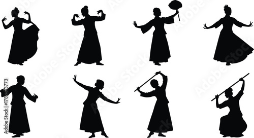 Traditional dance silhouettes, Asian cultural poses, fan and sword movements, graceful choreography, heritage costumes, expressive gestures, martial art influence, vector illustration