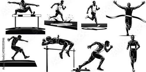 Track and field athlete silhouettes, sprint, hurdle, long jump, high jump, finish line, running motion, sports action, black and white illustration