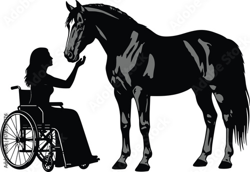 Wheelchair silhouette, horse interaction, disability support, equine therapy, animal connection, inclusive care, therapeutic riding, black figure, emotional bond, accessibility moment