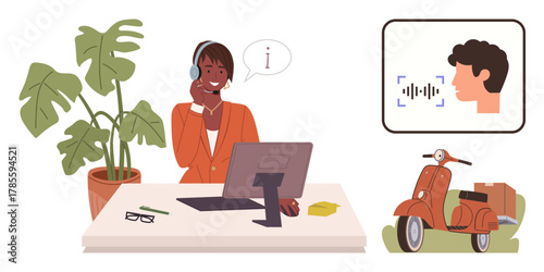 Person with headset at desk, accessing voice recognition technology, plant, scooter for delivery. Ideal for customer service, technology, communication, delivery logistics, innovation remote work