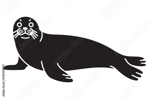  Black silhouette of a seal with white whiskers and eyes on a white background