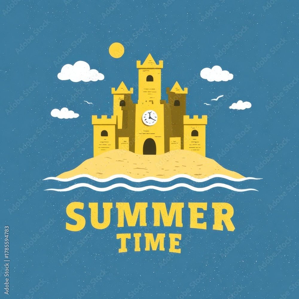 Naklejka premium High quality photo of yellow sandcastle on a sandy island with waves and clouds