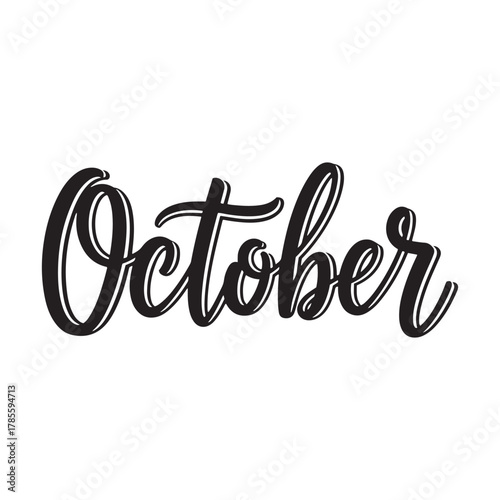 October hand-lettered script with outline, autumn month typography.