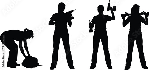 Worker, tools, silhouette, vector, drill, wrench, DIY, construction, maintenance, standing, bending, black, white, posture, action, equipment, labor, female, illustration, design