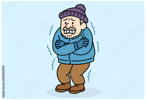 Elderly man shivering in cold winter wearing warm clothes for health care and safety awareness illustration