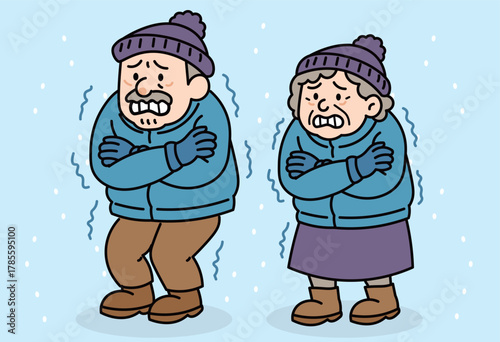 Elderly couple shivering in cold winter wearing warm clothes for senior health and safety awareness illustration