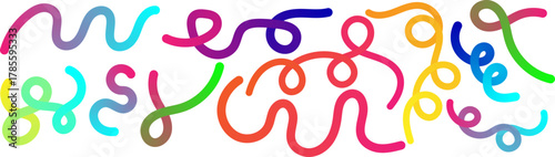 Vibrant Abstract Wavy Gradient Lines and Scribbles Set. Retro 80s or 90s Style Dynamic Swirls and Curly Elements