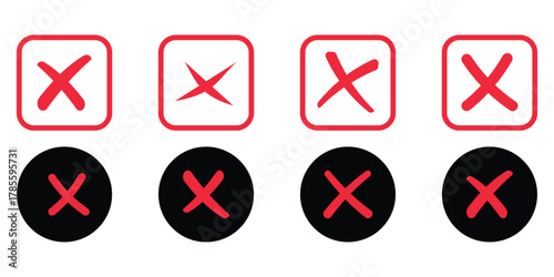 A collection of modern red “X” symbols in flat design. Includes filled and outlined versions representing error, close, delete, cancel, or wrong actions. Perfect for UI/UX design, apps, and websites. 