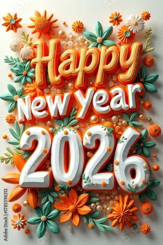Happy new year 2026 with festive floral decorations