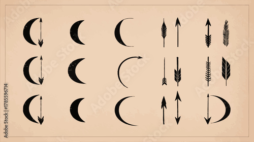 Vintage Vector Arrows and Crescent Moon Symbols Collection. Rustic Hand-Drawn Graphic Design Elements for Directions and Celestial Concepts.
