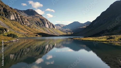 Serene Lake Reflection in Mountain Valley - A Tranquil Landscape.