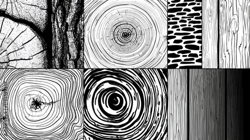 Abstract black and white wood textures collection: tree rings, bark, and diverse natural grain patterns for backgrounds and design.
