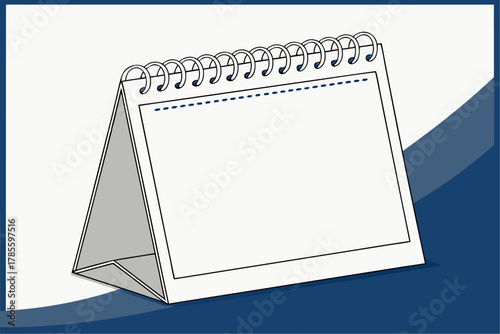 Premium 3D desk calendar mockup with spiral binding on blue and white background, clean minimal layout, soft shadows, high-resolution, realistic texture, modern professional design.