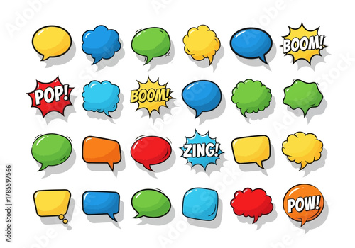 Collection of Colorful Comic Speech Bubbles and Sound Effects.