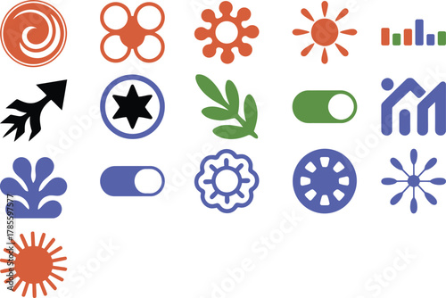 Abstract vector icons with sun, flowers, arrow and toggle switches for web design