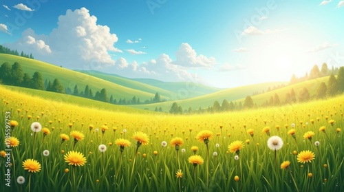Fototapeta Naklejka Na Ścianę i Meble -  Vibrant sunny meadow filled with yellow dandelions and green rolling hills