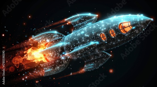 Fototapeta Naklejka Na Ścianę i Meble -  Transparent vector rocket ship, body of white dots, flame trail of energetic red lines and scattered white dots, subtle light from windows. innovation, launch, startup concept