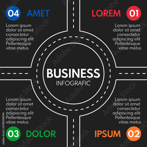 roundabout with 4 exits, round crossroad vector infograpjic, white chart on black background