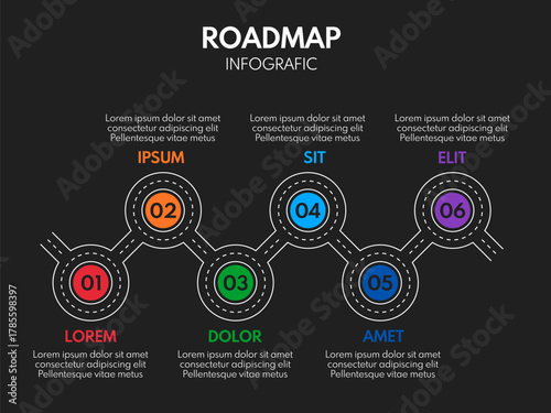6 steps road map or timeline progress infographic, vector template