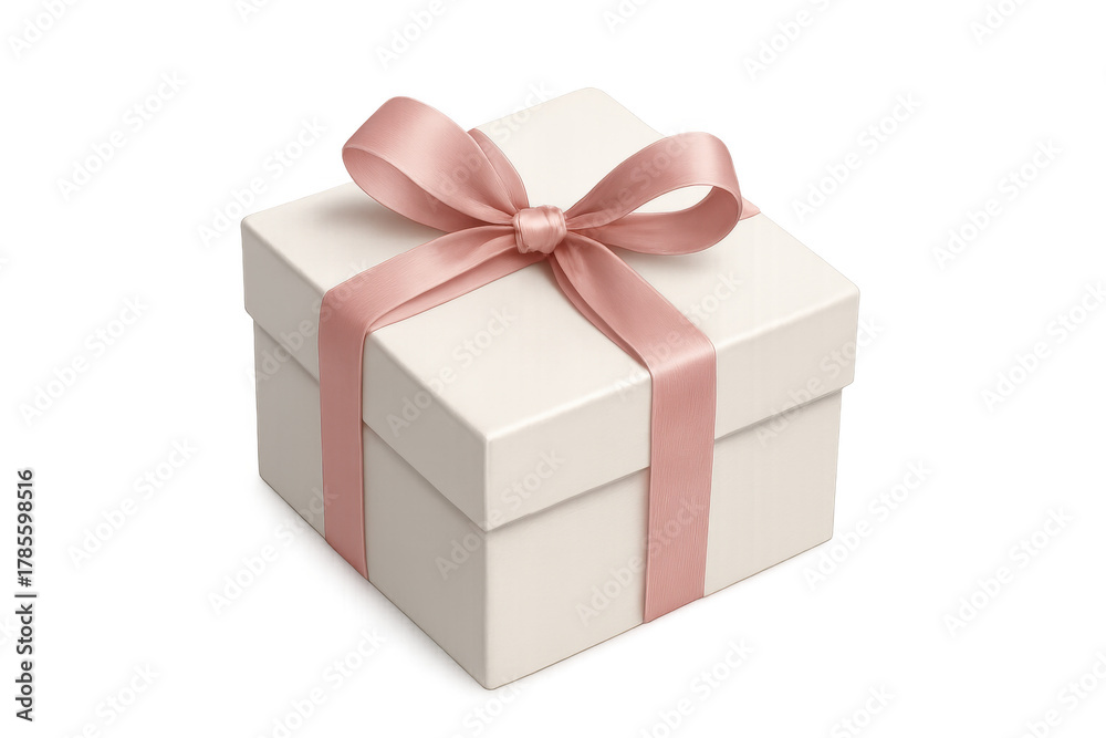 Fototapeta premium White gift box with pink ribbon bow, celebrating holidays, birthdays, and special occasions, transparent background