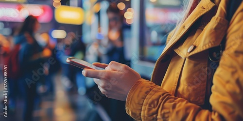 A person in a yellow jacket using a smartphone in a busy city street at night.