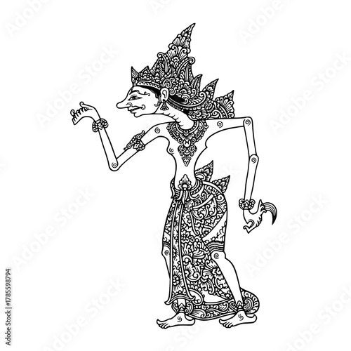 Traditional Javanese Wayang Kulit Puppet in Motion - Intricate Line Art Vector